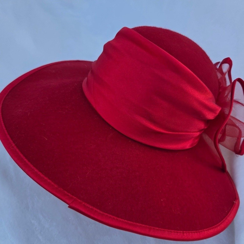 Hat Women Red Wide Brim Dress Church Wedding Felt Satin Mesh Bow Feather Elegant